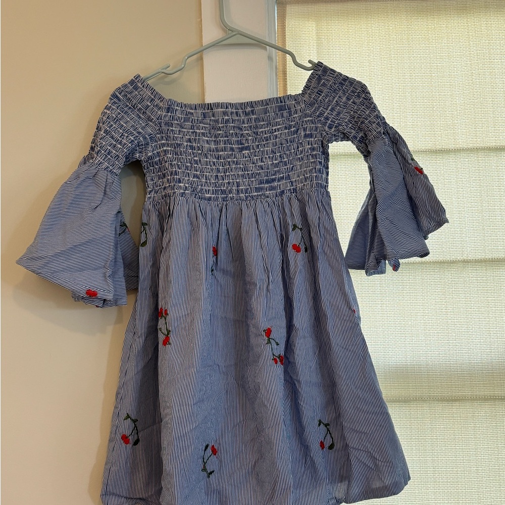 Blue Striped Dress with Floral Embroidery